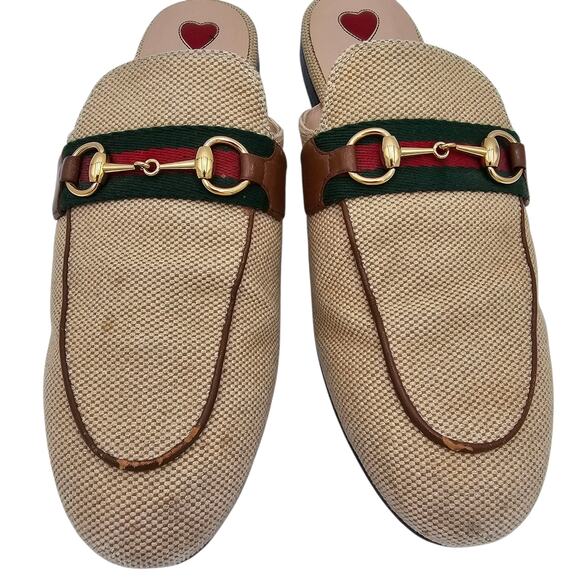 Gucci Princetown Horsebit Flat Mule Slipper Canvas Beige Web Stripe Size 38 US 8 - Picture 5 of 13